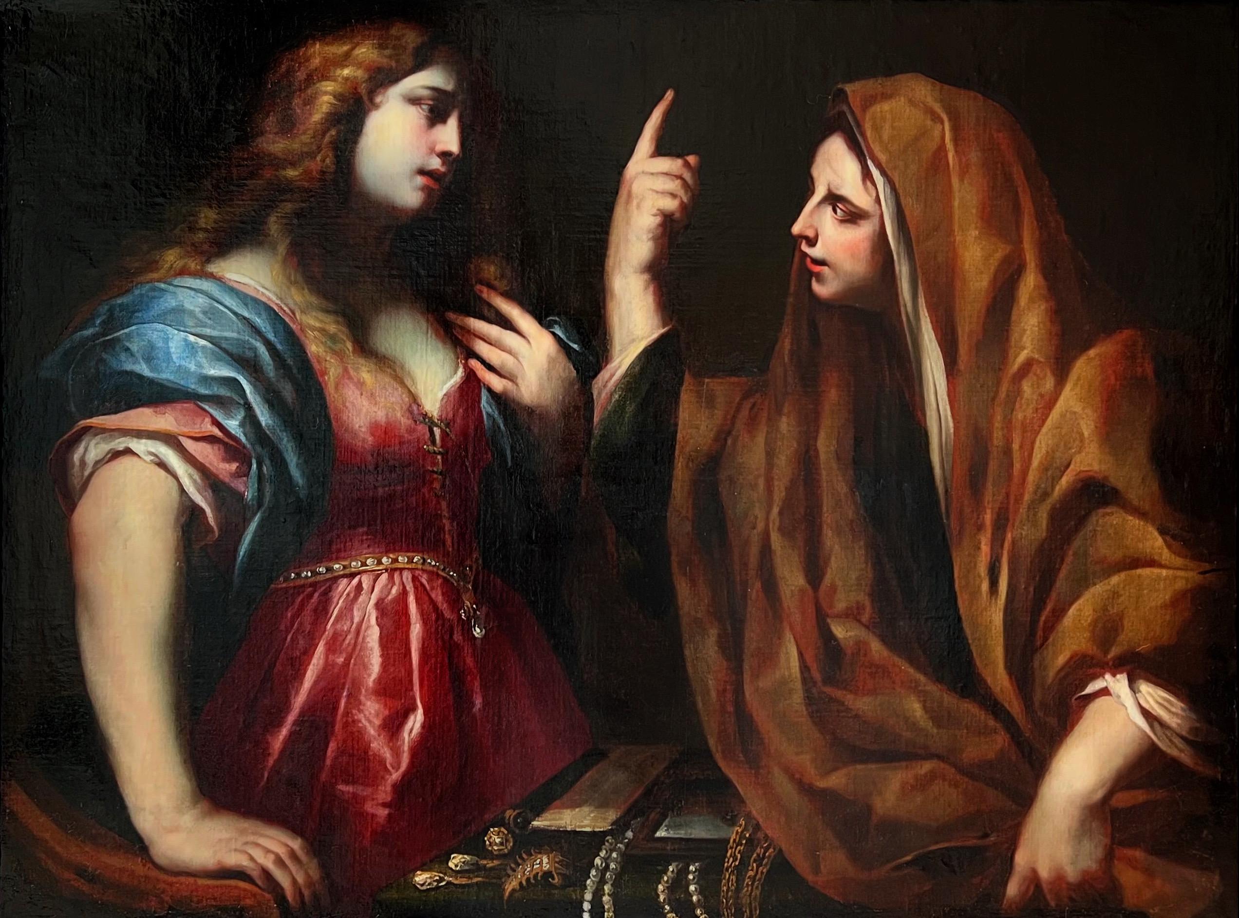 Portrait Painting di Andrea Vaccaro - Antico maestro italiano del XVII secolo - Un risveglio spirituale - Martha e la Maddalena