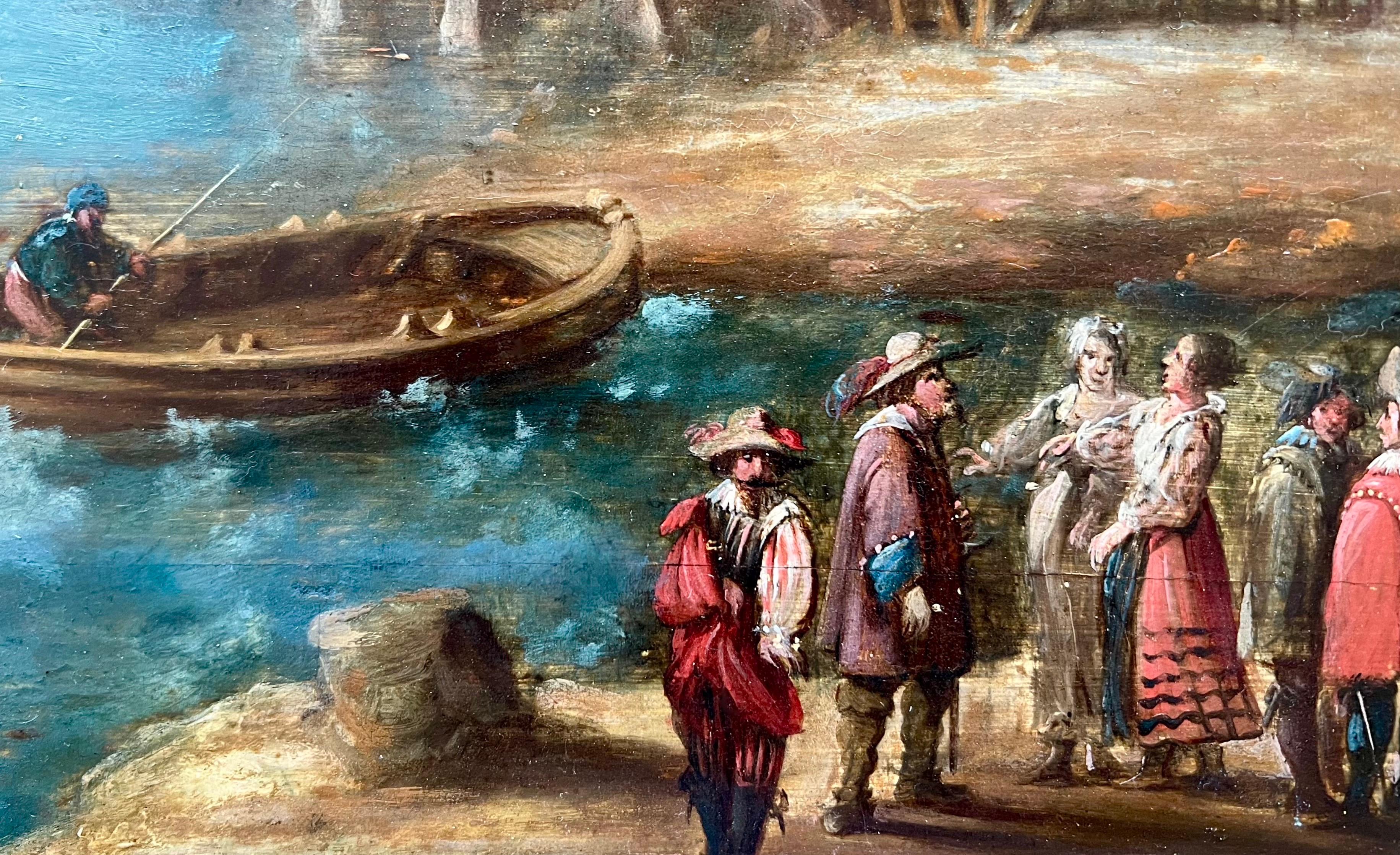 Paisaje marino flamenco del siglo XVII - Barcos en un puerto mediterráneo - paisaje marino - Landscape Painting Gris de Andries Van Eertvelt