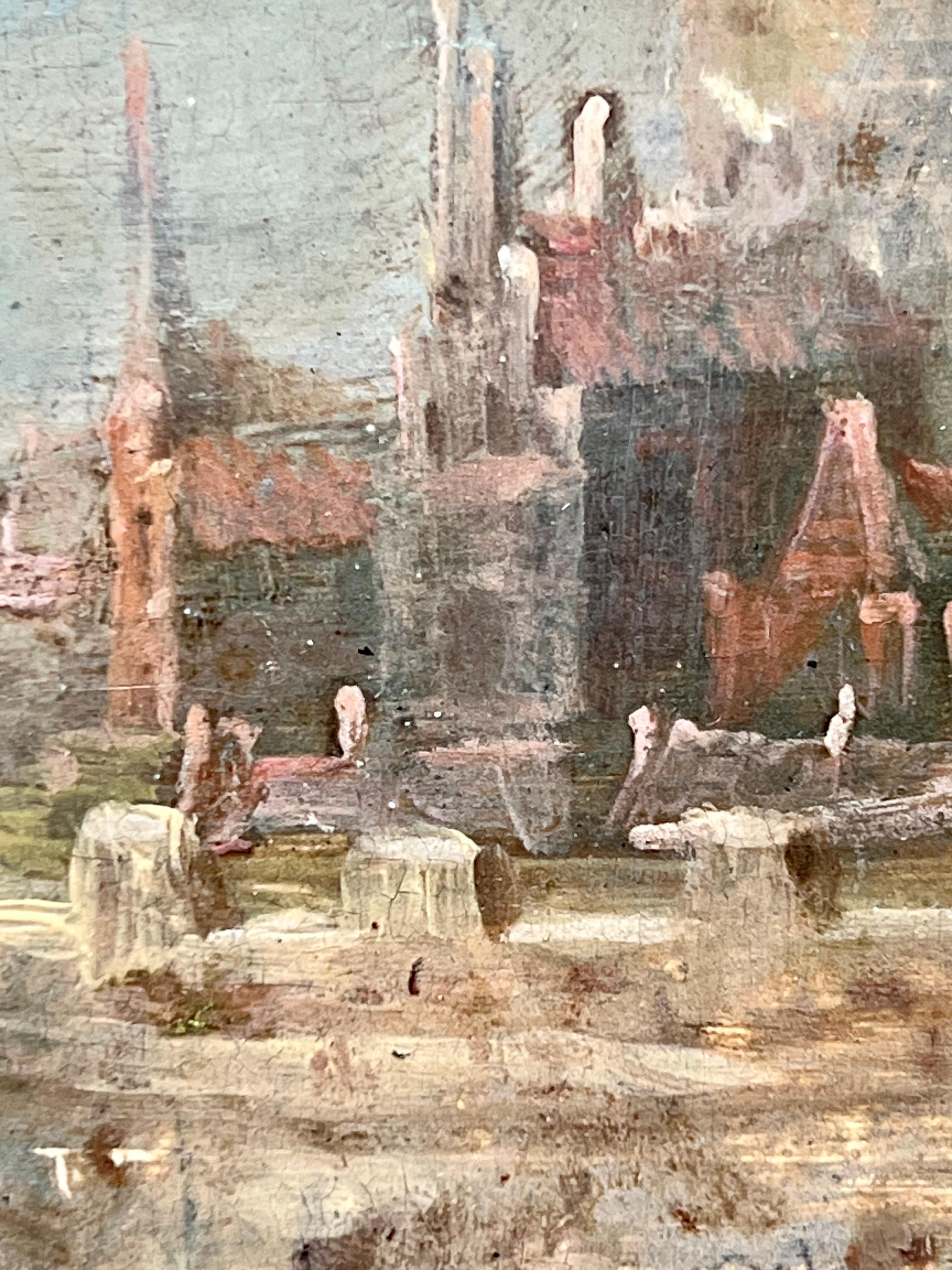 Paisaje marino flamenco del siglo XVII - Barcos en un puerto mediterráneo - paisaje marino en venta 3