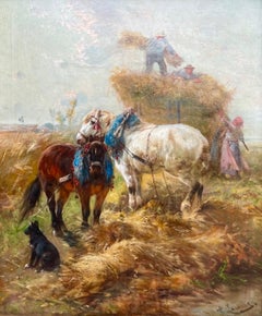 Romantisches Öl aus dem 19. Jahrhundert - Liebende Pferde in einer ländlichen Heuerntelandschaft
