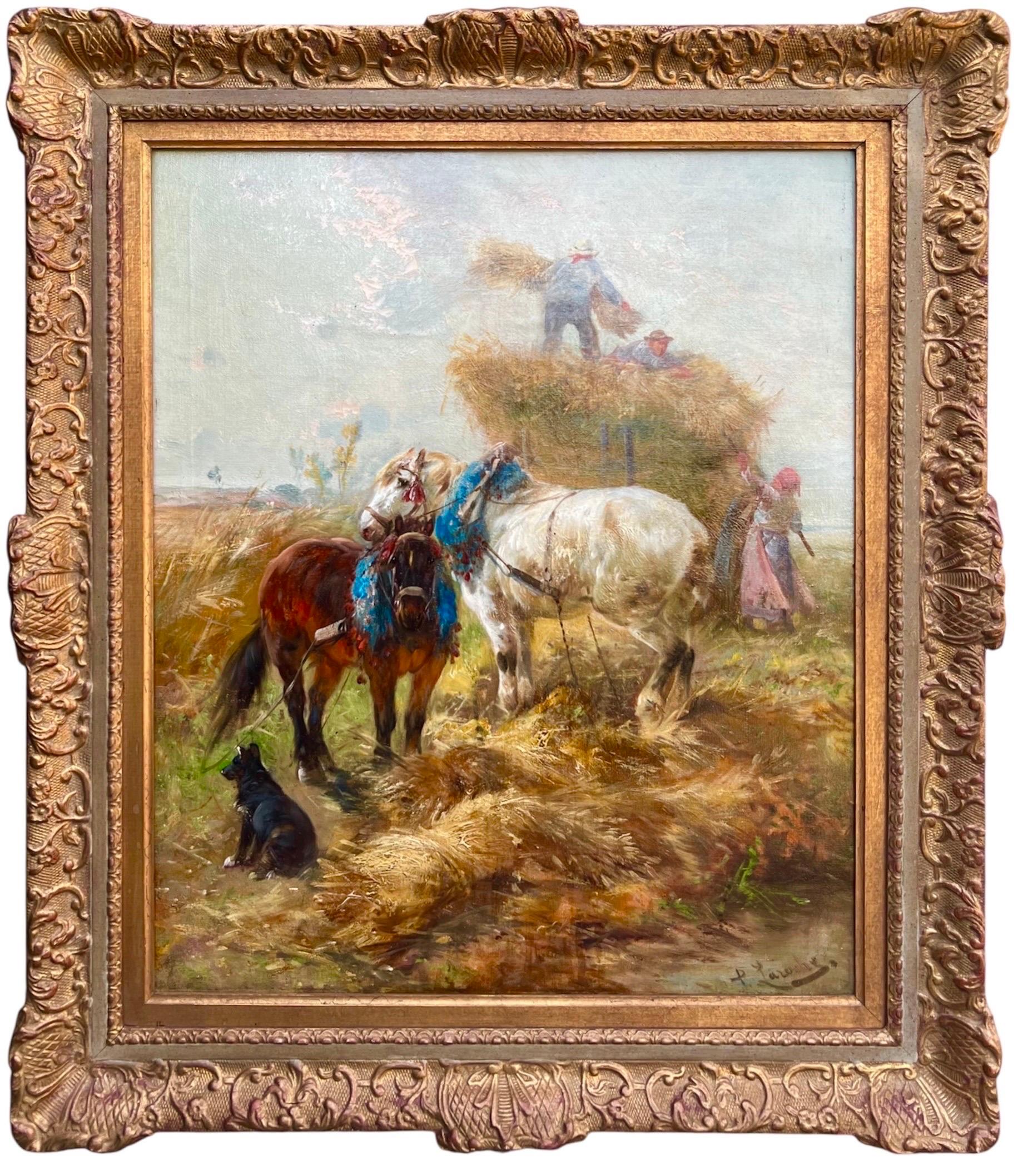 19th century romantic oil - Loving horses in a countryside hay harvest landscape - Painting by Henry Schouten