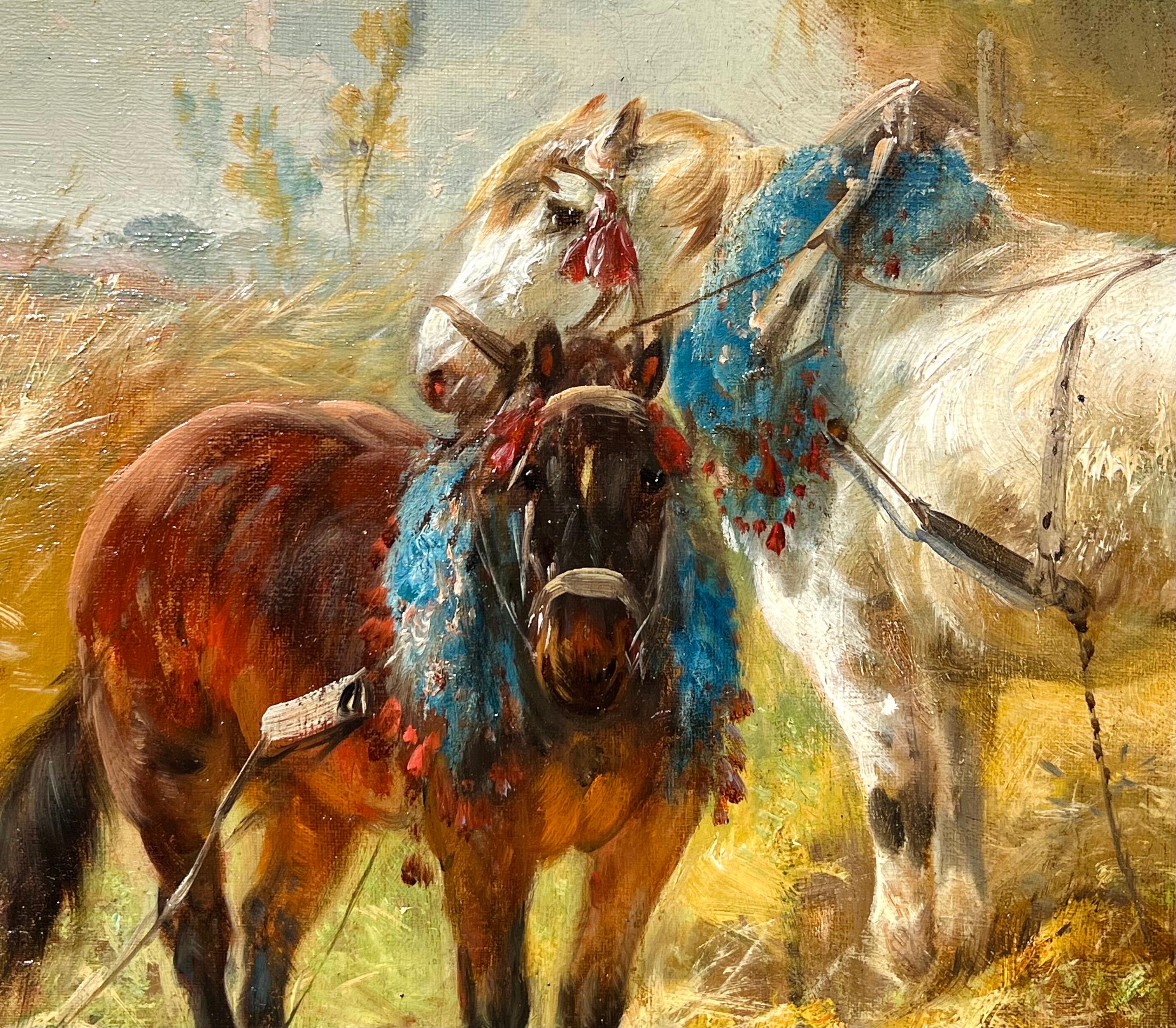 19th century romantic oil - Loving horses in a countryside hay harvest landscape - Romantic Painting by Henry Schouten