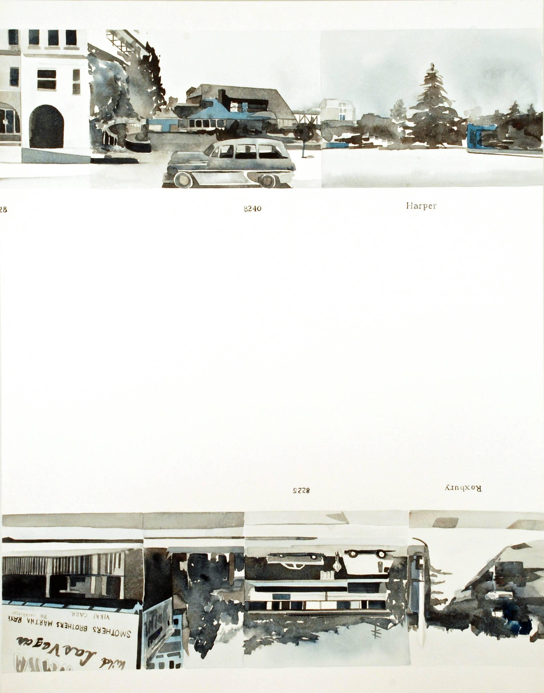 Watercolor painting of each photographic page from Ed Ruscha’s opus “Every Building on the Sunset Strip,” 1966