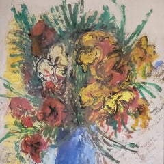 Nature morte a guazzo con fiori della metà del secolo. “Il vaso blu”. Firmato.