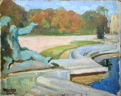 The Fountain and Gardens at Versaille, Impressionist Oil on Board