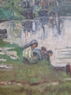 Grande quadro impressionista, olio su tela dei primi del XX secolo, “Le lavandaie”