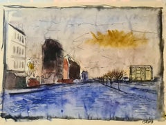 Disegno ad acquerello su carta della metà del XX secolo, stile realista, firmato, raffigurante una scena di strada