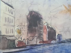 Mid-20th Century Watercolor Drawing on Paper, Realist Style, Signed Street Scene