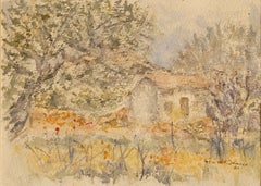 Paysage en Provence. Aquarelle sur papier. Signé.