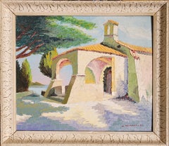 Église dans un paysage provençal, huile sur panneau, signée, années 1960, encadrée