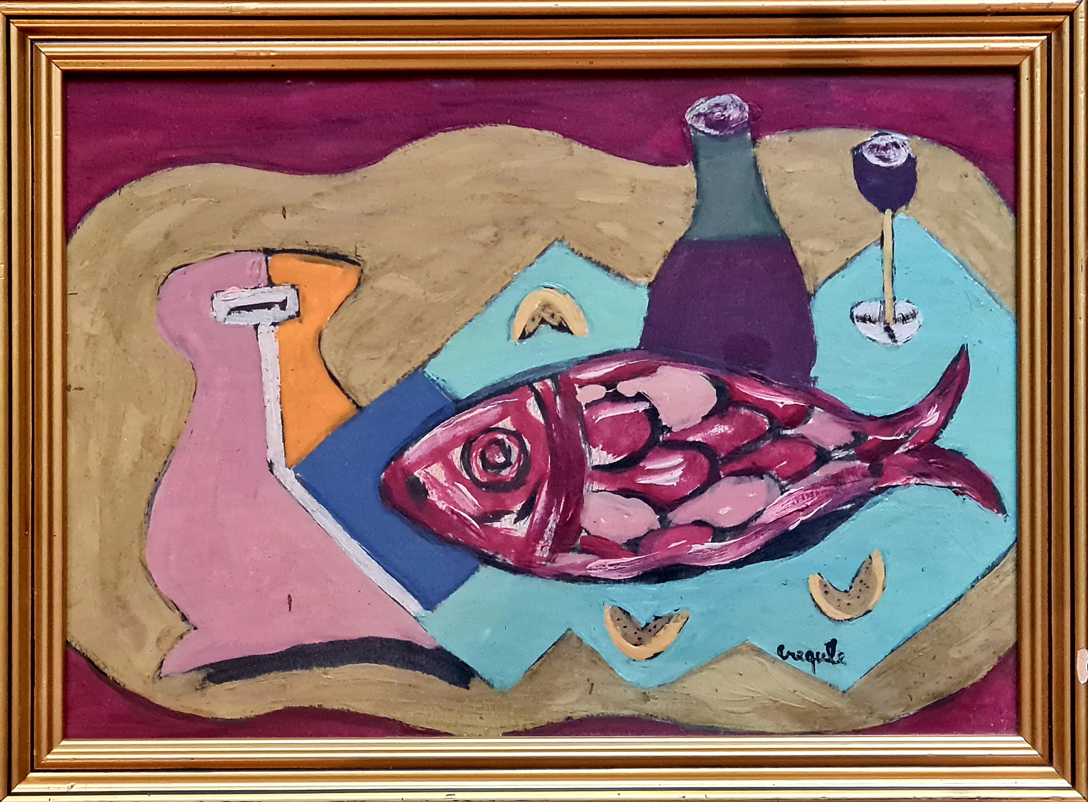 Créqule  Still-Life Painting - Cubist Still life, Fish Supper, Acrylic and Oil on board, Modern Style, Signed