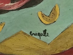 Kubistisches Stillleben, „Fischessen“, Acryl und Öl auf Holz, moderner Stil, signiert