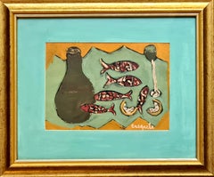 Cubist Still life, Fish Supper, Acrylic and Oil on board, Modern Style, Signed