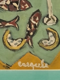 Cubist Still life, Fish Supper, Acrylic and Oil on board, Modern Style, Signed