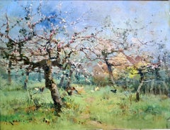 Blossoms and Chickens, 19th Century Oil Painting on Wood Panel