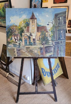 Impressionist Village Street Scene with Church, Signed Oil on Canvas 24 x 36".