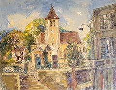 Scena di strada in uno villaggio impressionista con chiesa, olio su tela firmato, 24 x 36".