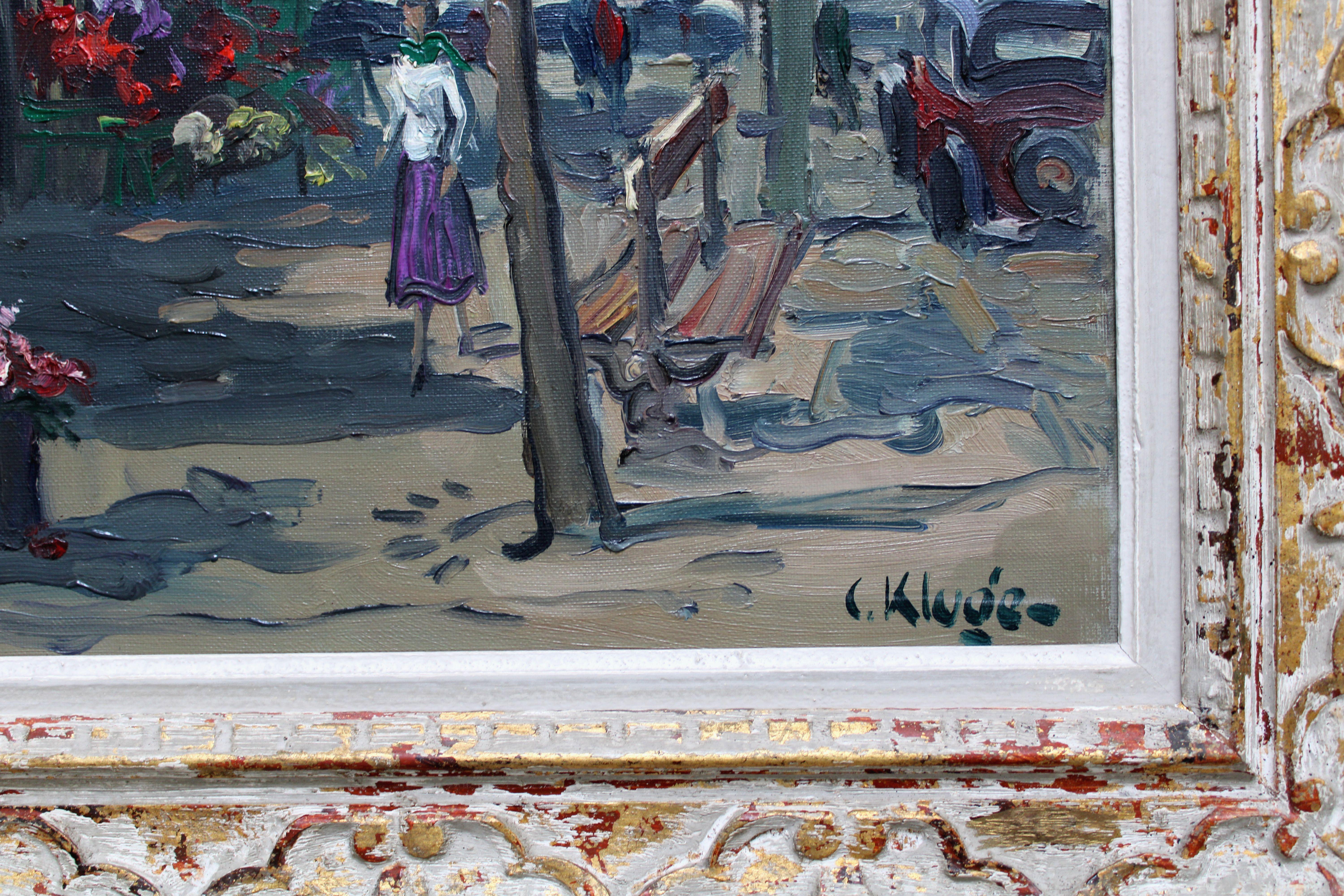Mercado de flores frente a la Madeleine en París. Óleo sobre lienzo, 54x65 cm - Figurative Painting Gris de Constantine Kluge