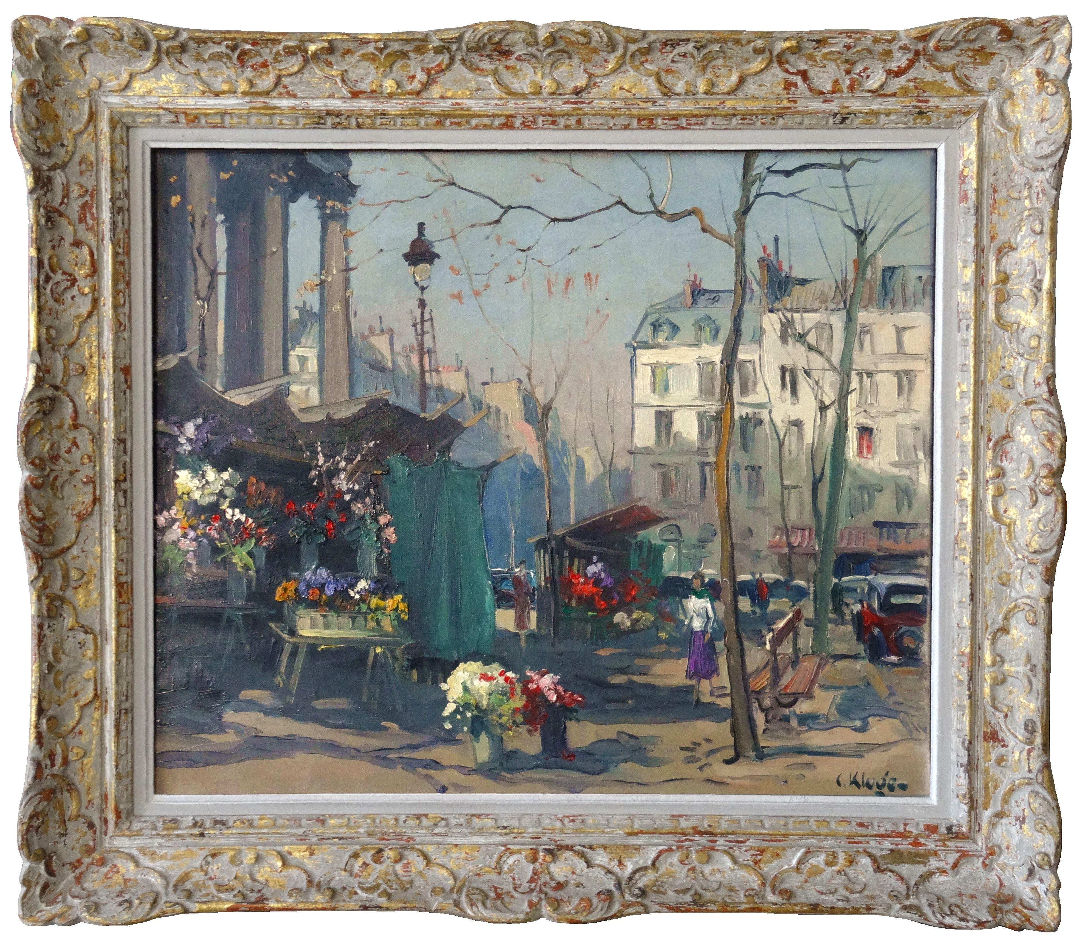 Mercado de flores frente a la Madeleine en París. Óleo sobre lienzo, 54x65 cm - Painting de Constantine Kluge