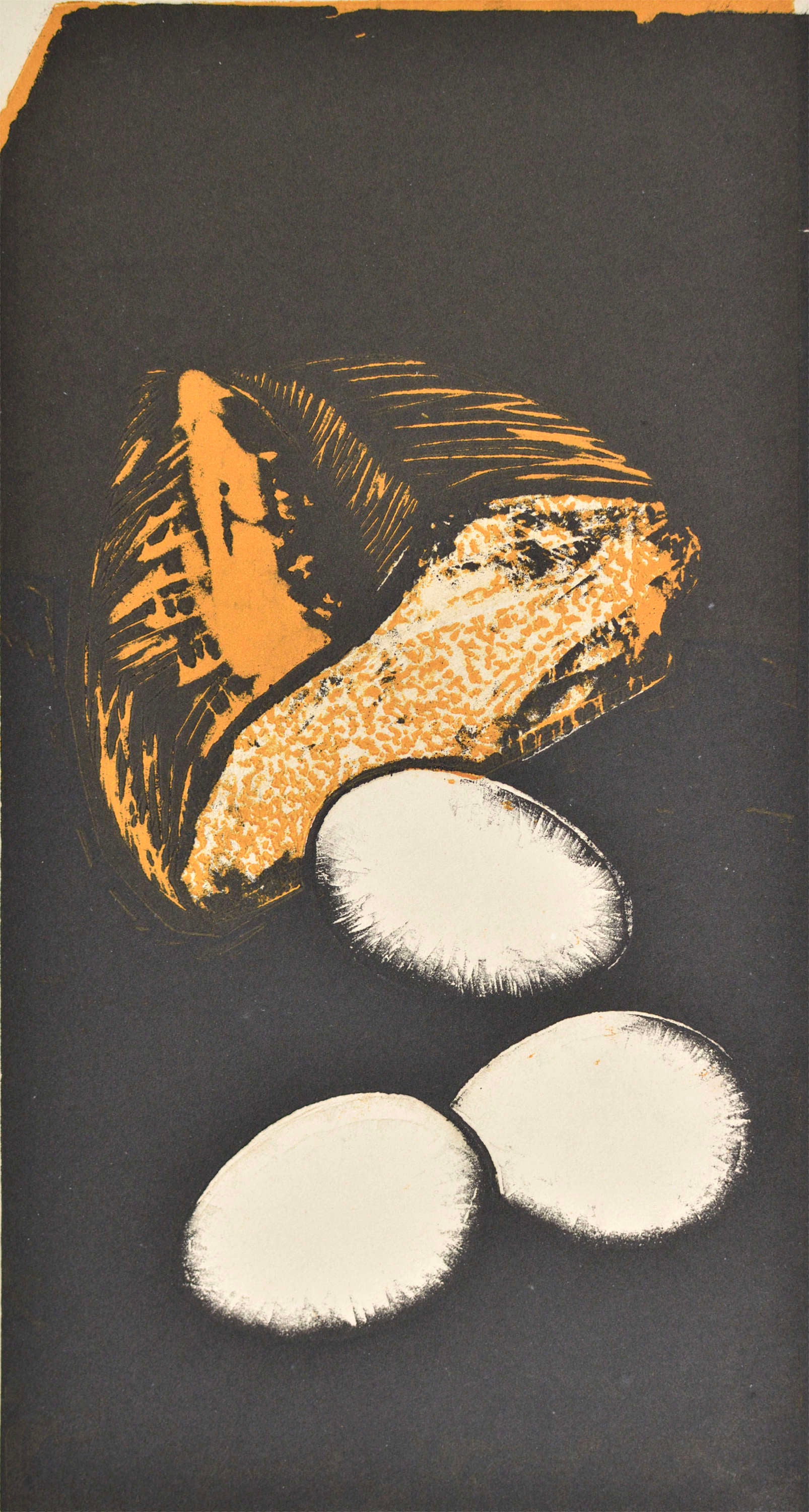 Albert Goltjakov  Still-Life Print - Breakfast. 1964, cardboard, unique screenprint, 35x19 cm. Signed.