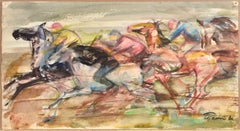 Horse Race at the Hippodrome 1966, papper, watercolor, 29x54 cm. Signed.