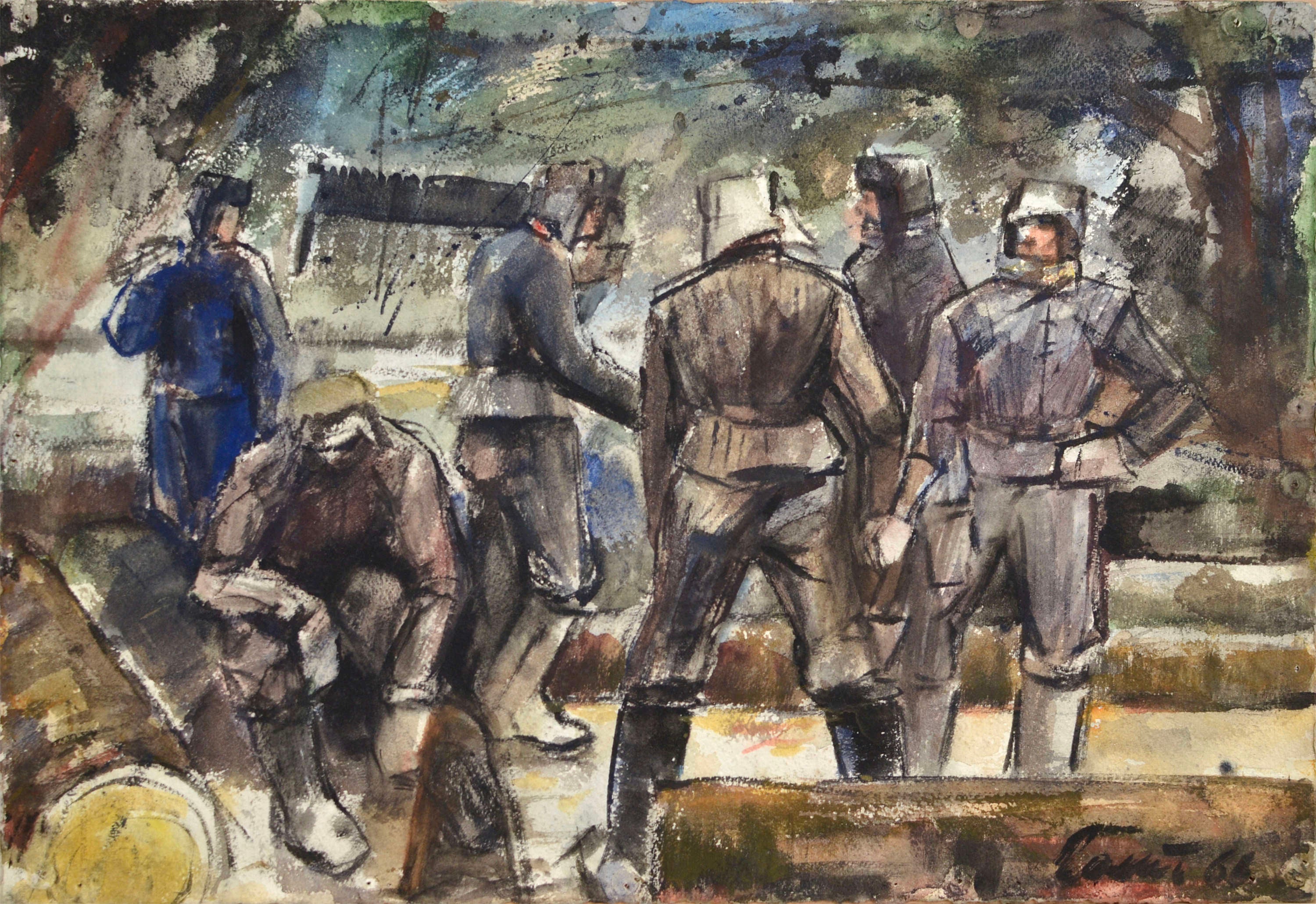 Figurative Art di Albert Goltjakov  - Lumbering. 1966, carta, acquerello, 38,5 x 56 cm.