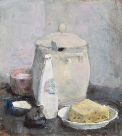 Still life with cheese. Cardboard, oil. 38x35 cm.