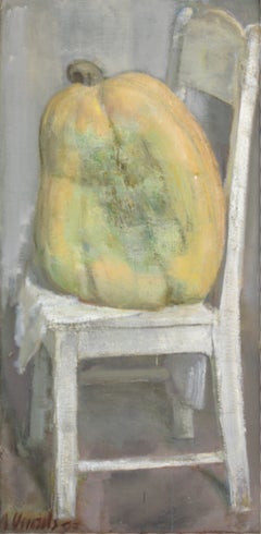 Una calabaza en una silla. Óleo sobre lienzo. 100 x 50 cm. Firmado.