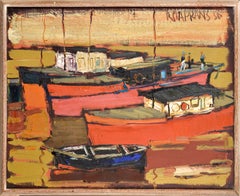 Red Boats by Raimonds Staprans. 1956, oil on canvas, 43.5x53.5 cm. Signed
