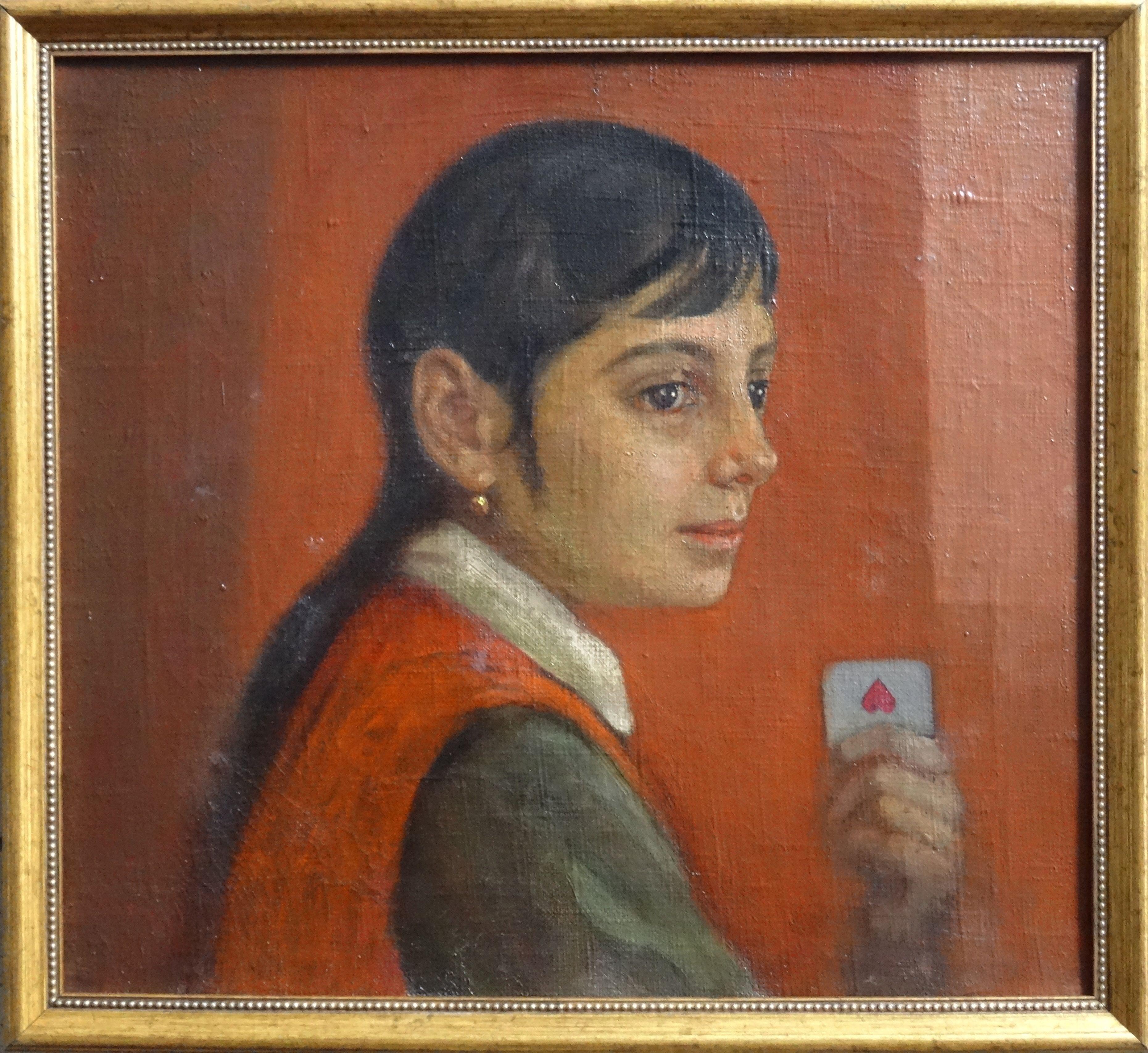 Gypsy girl, 1947. Oil on canvas, 34x37 cm - Brown Figurative Painting by Jadviga Zjilvinska 