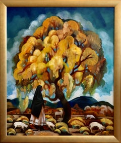 „Yellow Tree“ von Tony Abeyta; gerahmt, 36" x 30" x 1,75", Ölgemälde auf Leinwand
