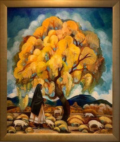 „Yellow Tree“ von Tony Abeyta; gerahmt, 36" x 30" x 1,75", Ölgemälde auf Leinwand