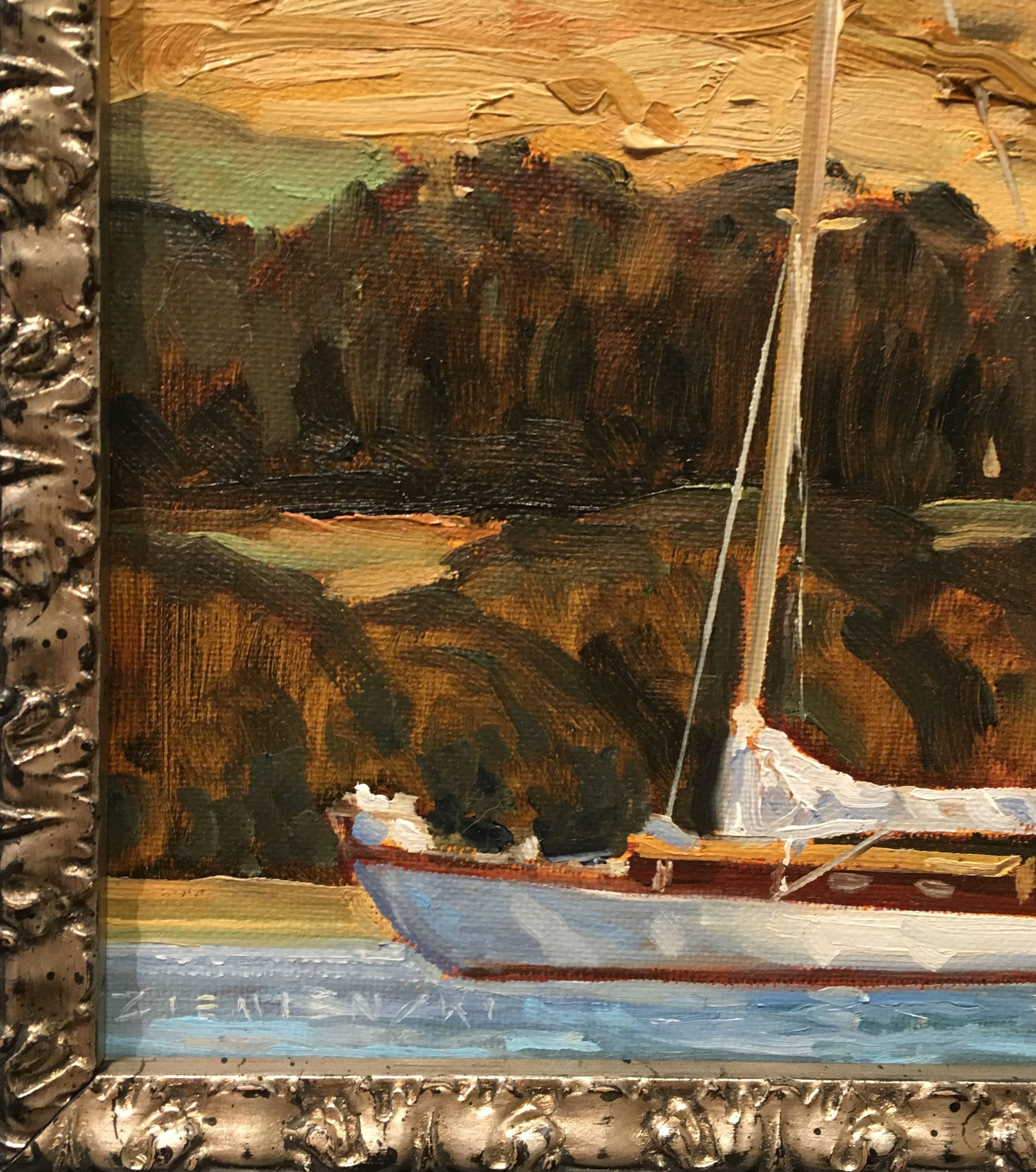 Sloop at Anchor, Tomales Bay, West Marin - Painting by Dennis Ziemienski