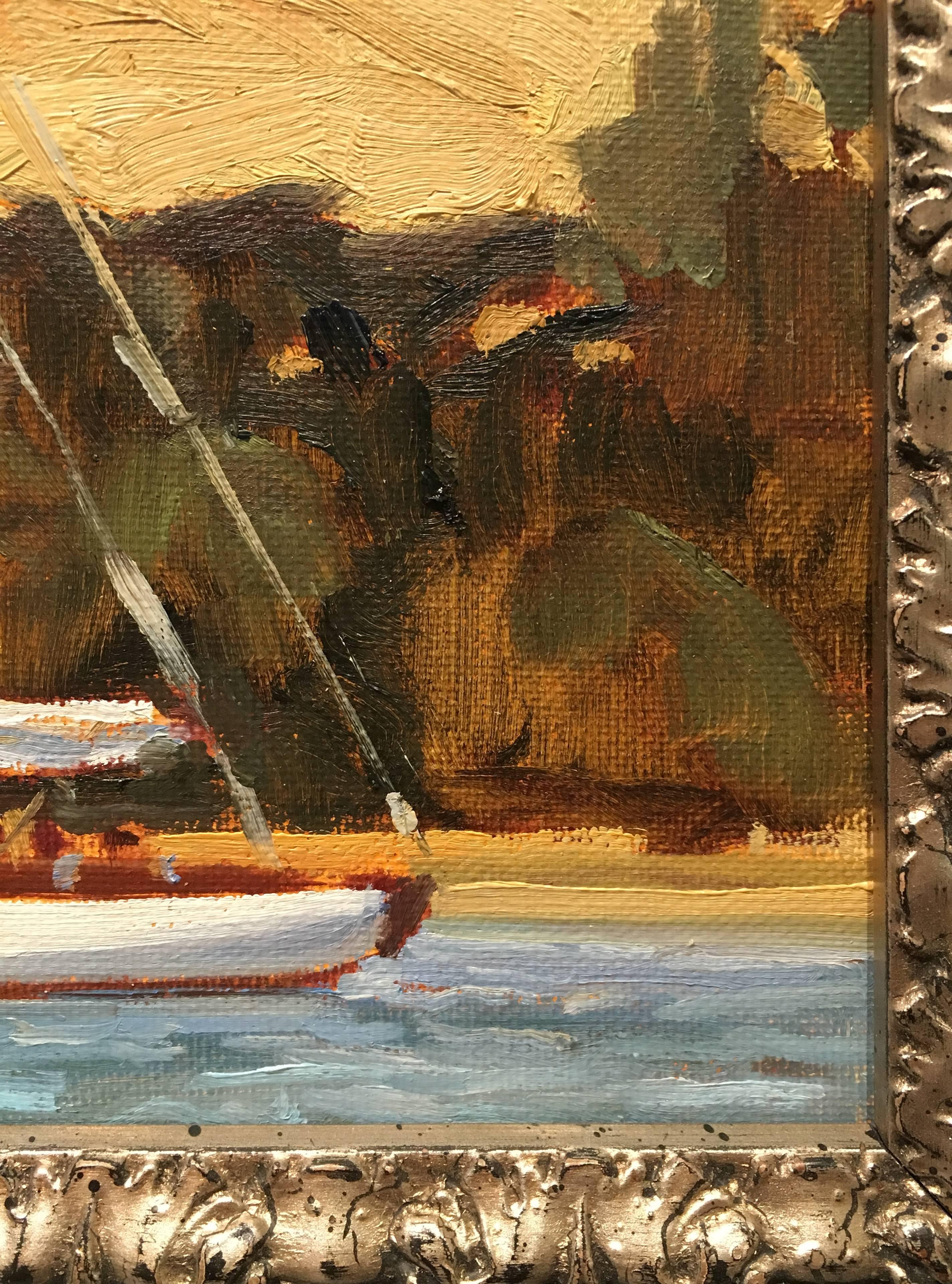 Sloop at Anchor, Tomales Bay, West Marin - Black Landscape Painting by Dennis Ziemienski