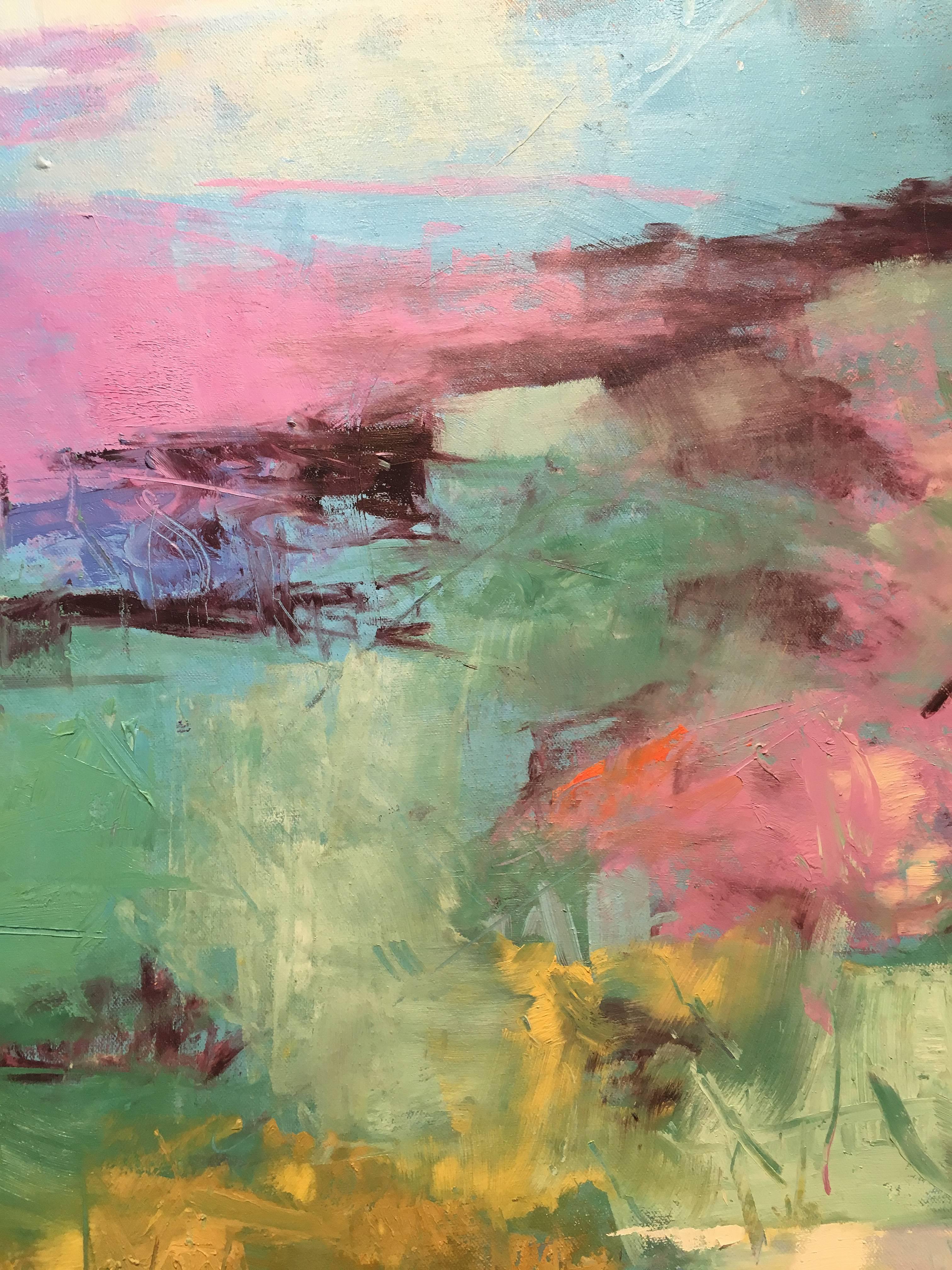 Bursts of lavender, sage and seafoam green, interspersed with rich burgundies, and splashes of pink, orange, and butternut form the abstracted landscape of 