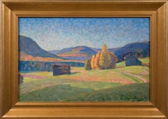 Paisaje del norte de Suecia con montañas azules, pintura al óleo