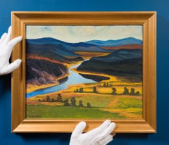 Paisaje montañoso nórdico con un río serpenteante, óleo de 1936