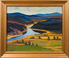 Paisaje montañoso nórdico con un río serpenteante, óleo de 1936