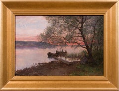 Coucher de soleil romantique au bord d'un lac avec une femme assise, peinture à l'huile ancienne