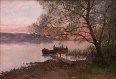 Coucher de soleil romantique au bord d'un lac avec une femme assise, peinture à l'huile ancienne