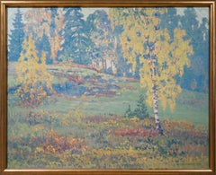 Colorful Swedish Landscape with Birch Trees, Oil Painting 1922
