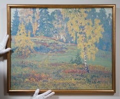 Colorful Swedish Landscape with Birch Trees, Oil Painting 1922