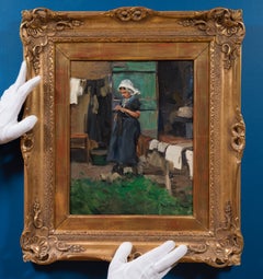 Woman Knitting in Wooden Clogs, Belgian Genre Painting 1902