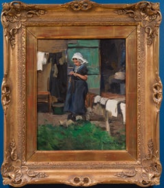 Woman Knitting in Wooden Clogs, Belgian Genre Painting 1902