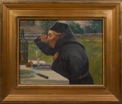 Monk Eating Oysters and Drinking Wine, Antique Oil Painting