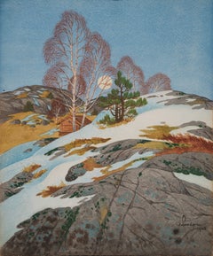 Osvald Lundgren Swedish Gouache Winter Landscape, Vårvinter, 1928