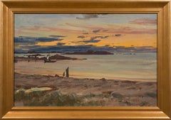 Paesaggio costiero norvegese al tramonto, dipinto a olio su tela, 1920 circa