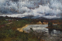 Large Oil Painting Depicting A River Landscape under Storm Clouds