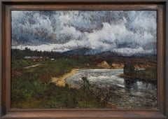 Large Oil Painting Depicting A River Landscape under Storm Clouds