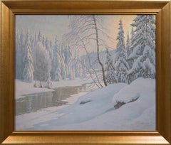 Snow-Covered Swedish Forest with River – Winter Oil Painting, 1944